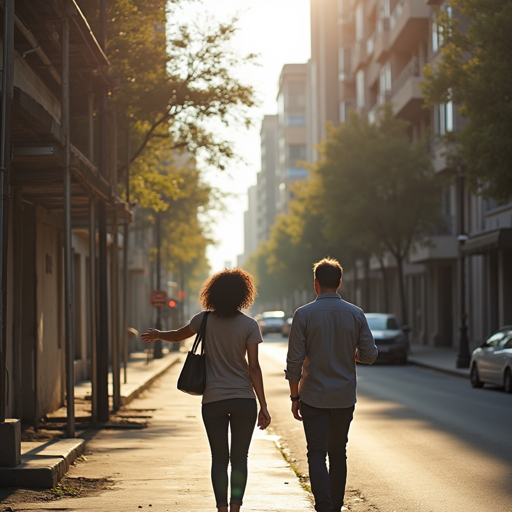 Plano abierto de dos personas caminando por un barrio porteño, una señalando hacia una obra en construcción con andamios, ambas con expresión analítica, luz dorada de tarde, calle arbolada con edificios residenciales y comerciales