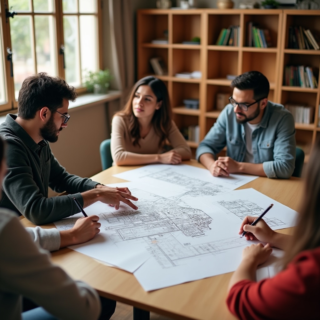 Small group of adults in a modern classroom reviewing architectural plans and financial documents spread across a large table, engaged in analytical discussion