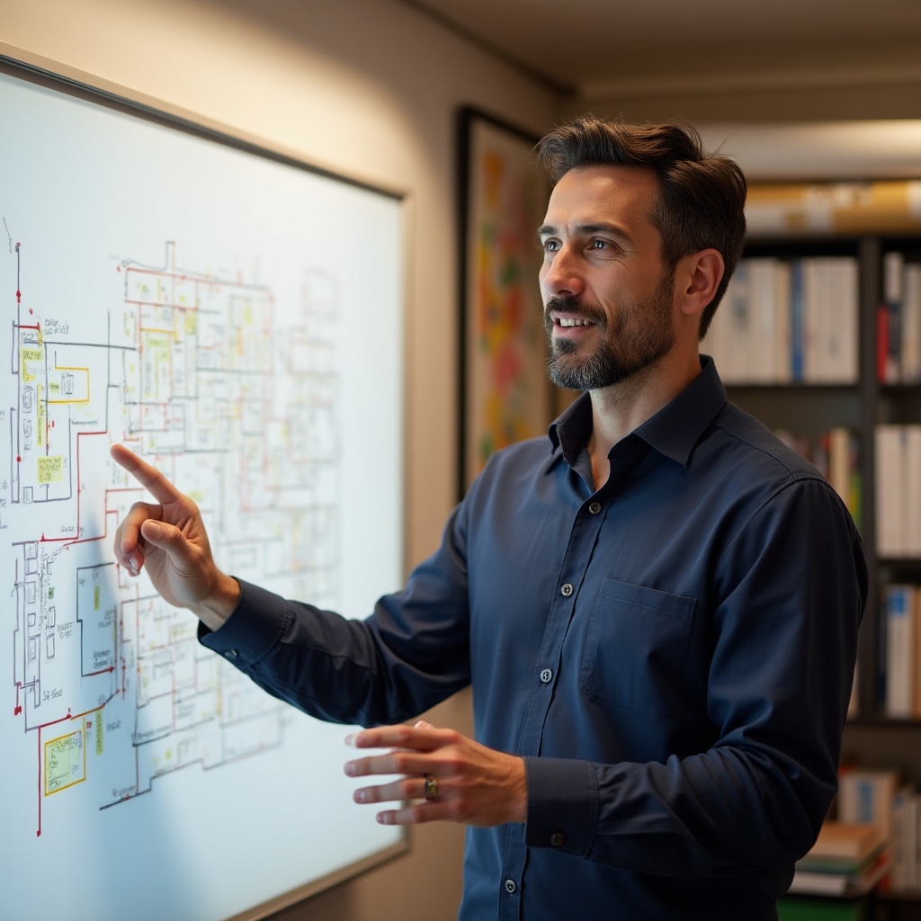 Instructor masculino de unos 40 años, de aspecto latinoamericano, en ropa casual de trabajo, frente a un pizarrón con diagramas de análisis urbano y mapas de zonificación, señalando un diagrama de conectividad barrial