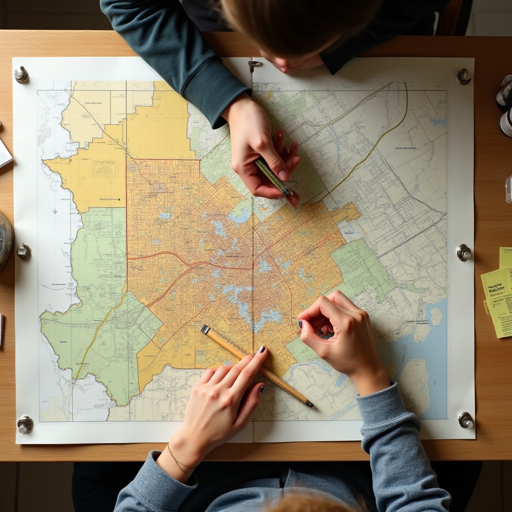 Overhead view of hands pointing at a large urban planning map with colored zoning overlays, rulers and pencils scattered around a wooden desk